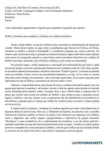 Dissertação argumentativa: leitura e estudo da estrutura