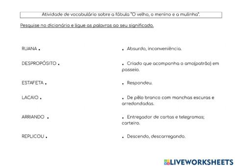 Atividade de vocabulário sobre a fábula “O velho, o menino e a mulinha”.