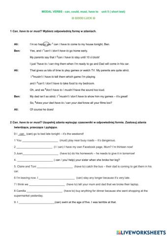 E7 unit 5 short test modal verbs