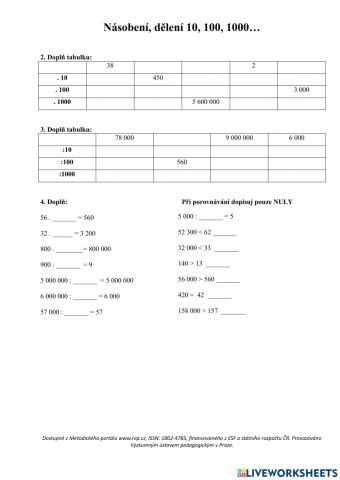 Matematika - násobení 10, 100, 1000