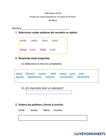 Prueba de español  1er grado