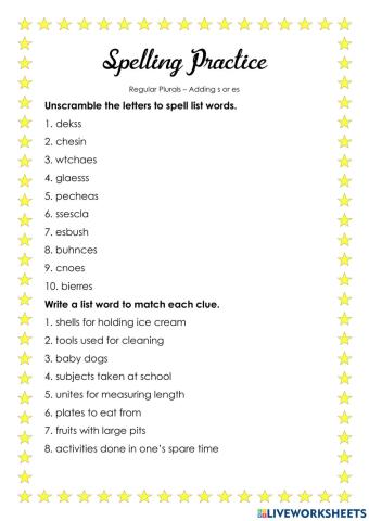 Regular Plurals s or es