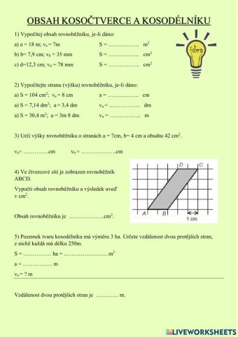 Obsah kosočtverce a kosodélníku