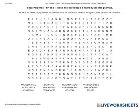 Caça Palavras - 8º ano - Tipos de reprodução e reprodução das plantas.