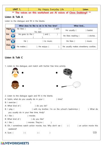 동아(윤)-중2-Lesson1-Listen and Talk (free time activities)