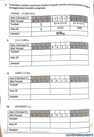 Penukaran nombor perduaan kepada nombor perenambelasan latihan 2