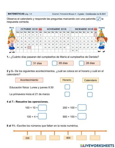 Examen Matemáticas 2° Trimestre Segundo Grado