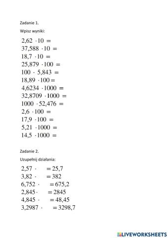 Mnożenie ułamków dziesiętnych przez 10,100,1000