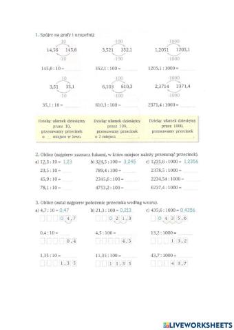 Dzielenie ułamków dziesiętnych przez 10,100, 1000...
