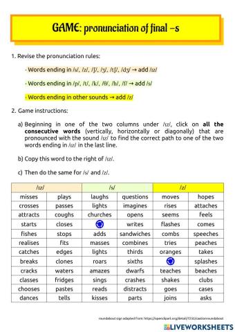 Game: pronunciation of final -s or -es