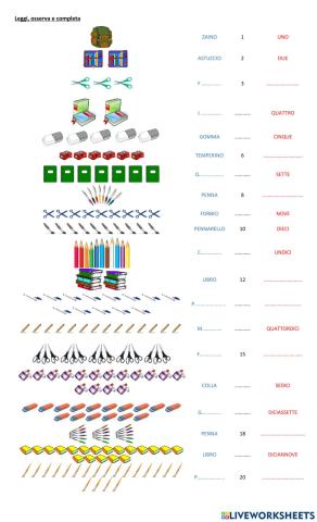 Oggetti scolastici e numeri