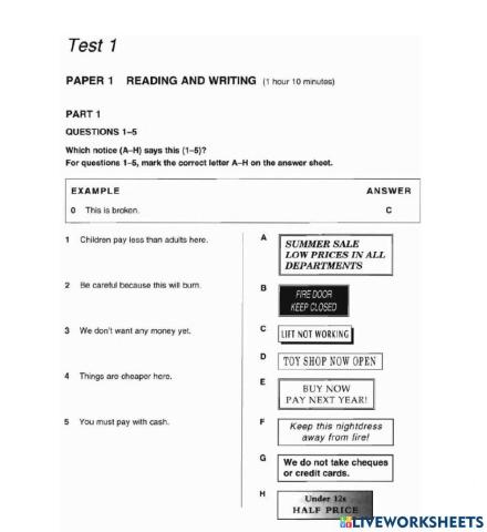 Reading Ex. (KET) - Practice Exam