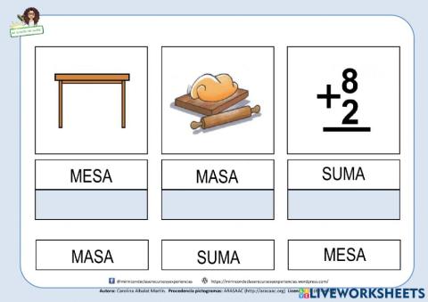 Letra s: mesa, masa, suma