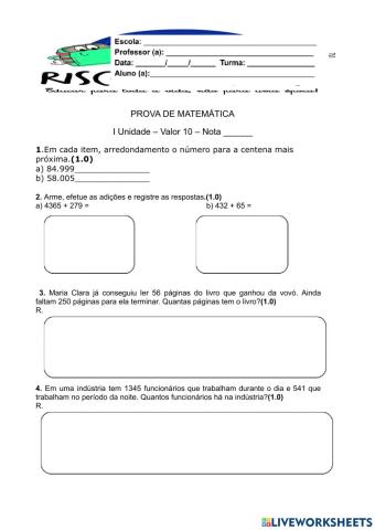 Prova de matematica 1ª unid