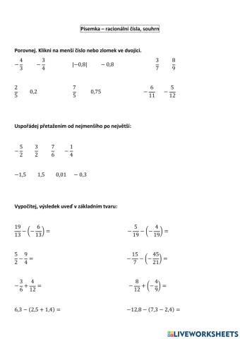 Racionální čísla, písemka - souhrn