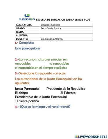 Evaluacion de 3ro sociales