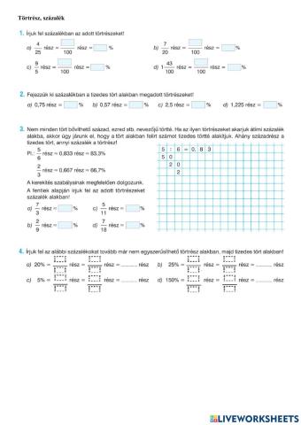 Törtrész, százalék
