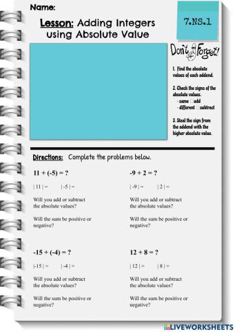 Adding Integers with Absolute Value