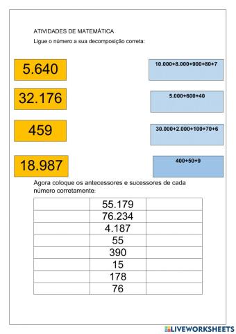 Matemática: decomposição-antecessores-sucessores