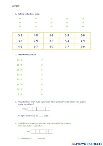 Korrutamine ja jagamine arvudega 2 kuni 5, 2. klass