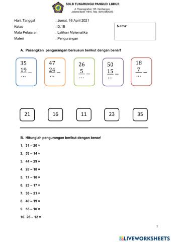 Latihan MTK Pengurangan