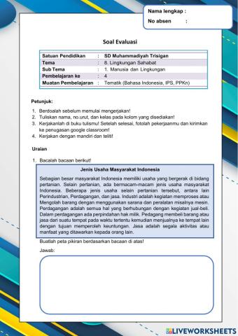 Soal Evaluasi T8 ST1 PB4