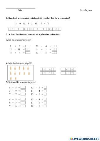 Matematika gyakorlás 20-as számkör 1.o.