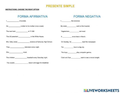 Ejercicio presente afirmativo-negativo