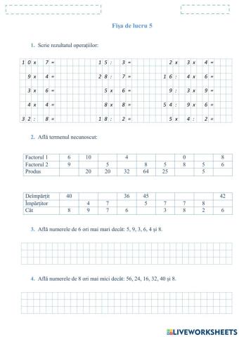 Fișa 5 Înmulțirea și impărțirea