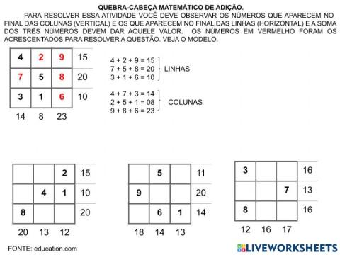 Quebra-cabeça matemático de adição