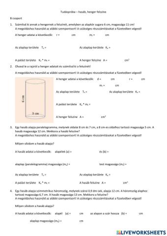 Tudáspróba - hasáb, henger felszíne (B)