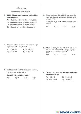 5. SINIF Doğal sayilar-doğal sayilari okuma ve yazma-test-01