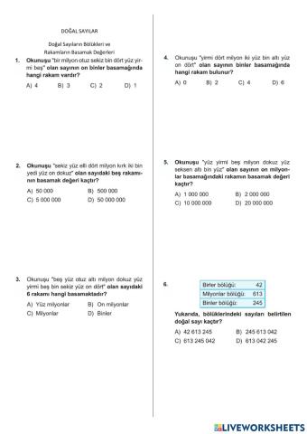 5. SINIF Doğal sayilar-doğal sayilarin bölükleri̇ ve basamak değerleri̇-test02