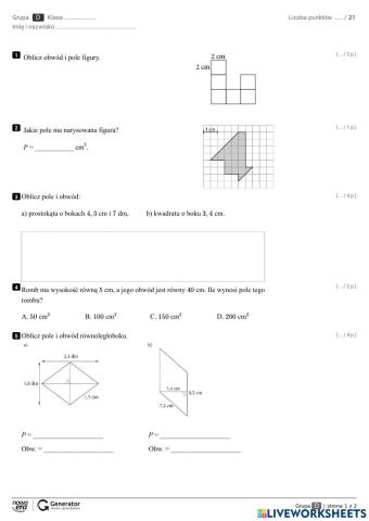 Sprawdzian klasa 5 pola figur 2