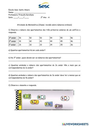 Atividades de Matemática sobre números ordinais (Classe e Casa) - 22-04-2021