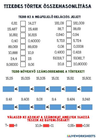 Tizedes törtek összehasonlítása