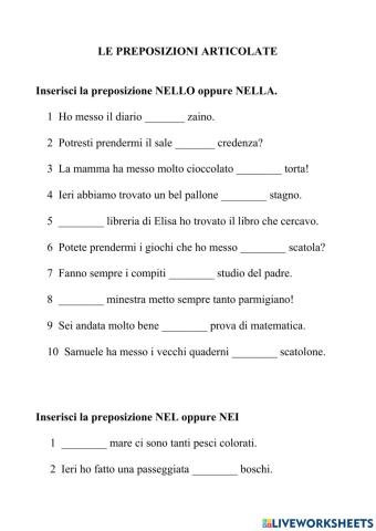 Preposizioni articolate NELLO, NELLA, NEL, NEI.