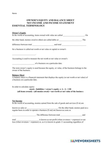 Owner’s equity and balance sheet net income and income statement essential terminology