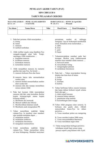Penilaian Akhir Tahun (PAT)  Pendidikan Agama Kristen SDN Cibuluh 4