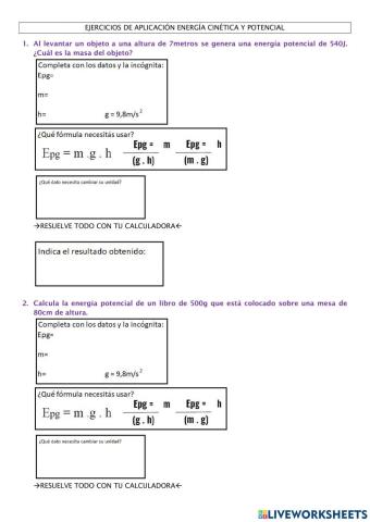 Problemas de Energía cinética y Potencial