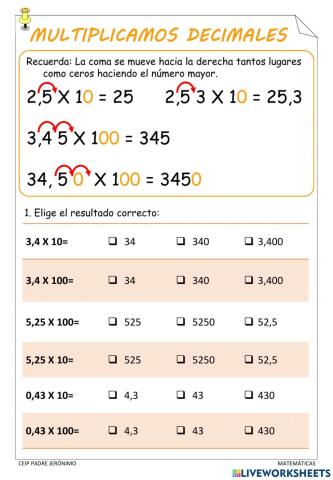 Multiplicación de decimales por 10 y 100