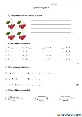 Gyakorlódolgozat 1. (2.osztály, matek)