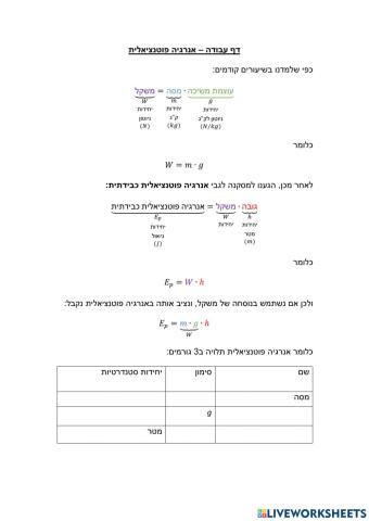 חזרה על אנרגיה פוטנציאלית כבידתית