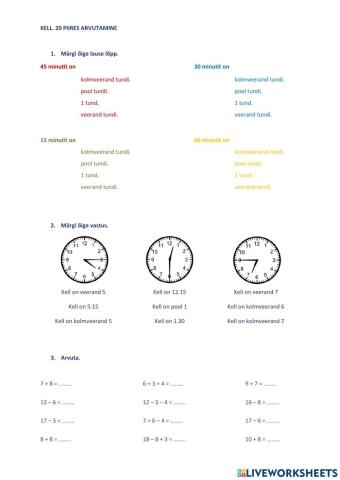 Kell. 20 piires arvutamine. 1.klass