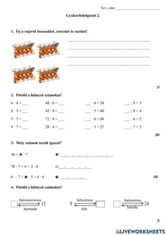 Gyakorlódolgozat 2. (2.osztály, matek)