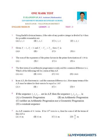 Class 10 Maths English Medium Lesson2 Test 3