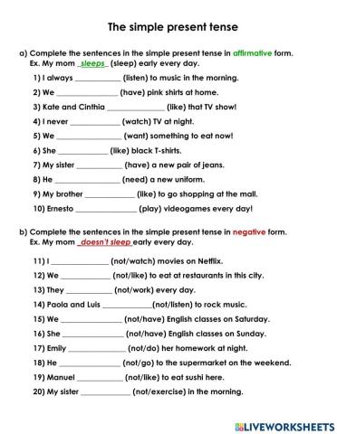 The simple present tense (affirmative and negative form)