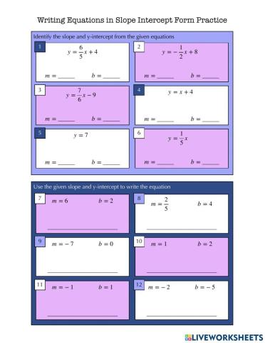 Writing Equations in Slope Intercept Form Practice