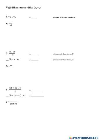 Vyjádření neznámé ze vzorce - procvičování