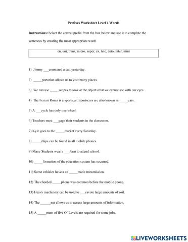 Prefixes Worksheet Standard 4